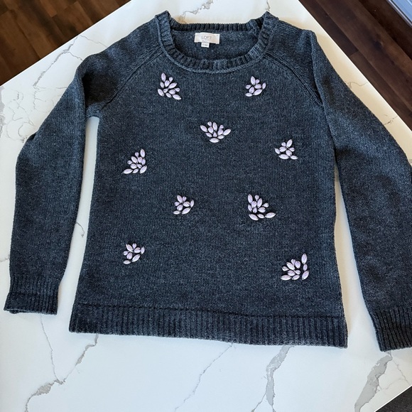 LOFT Sweaters - Loft Charcoal Gray Crewneck Sweater With Lavender Bead Embellishments Size S